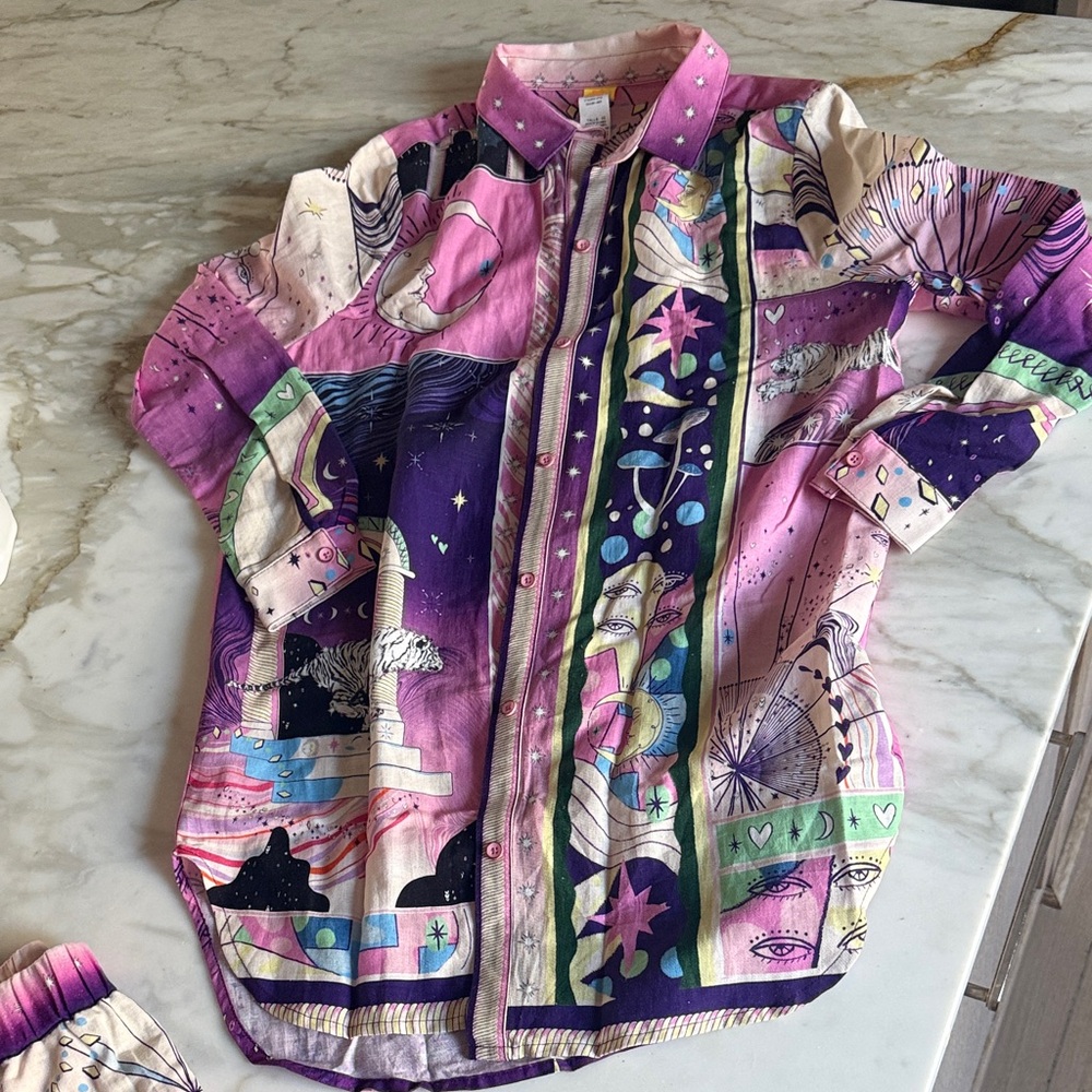 Agua Bendita Pink and Purple celestial Graphic Shirt/coverup  XS
